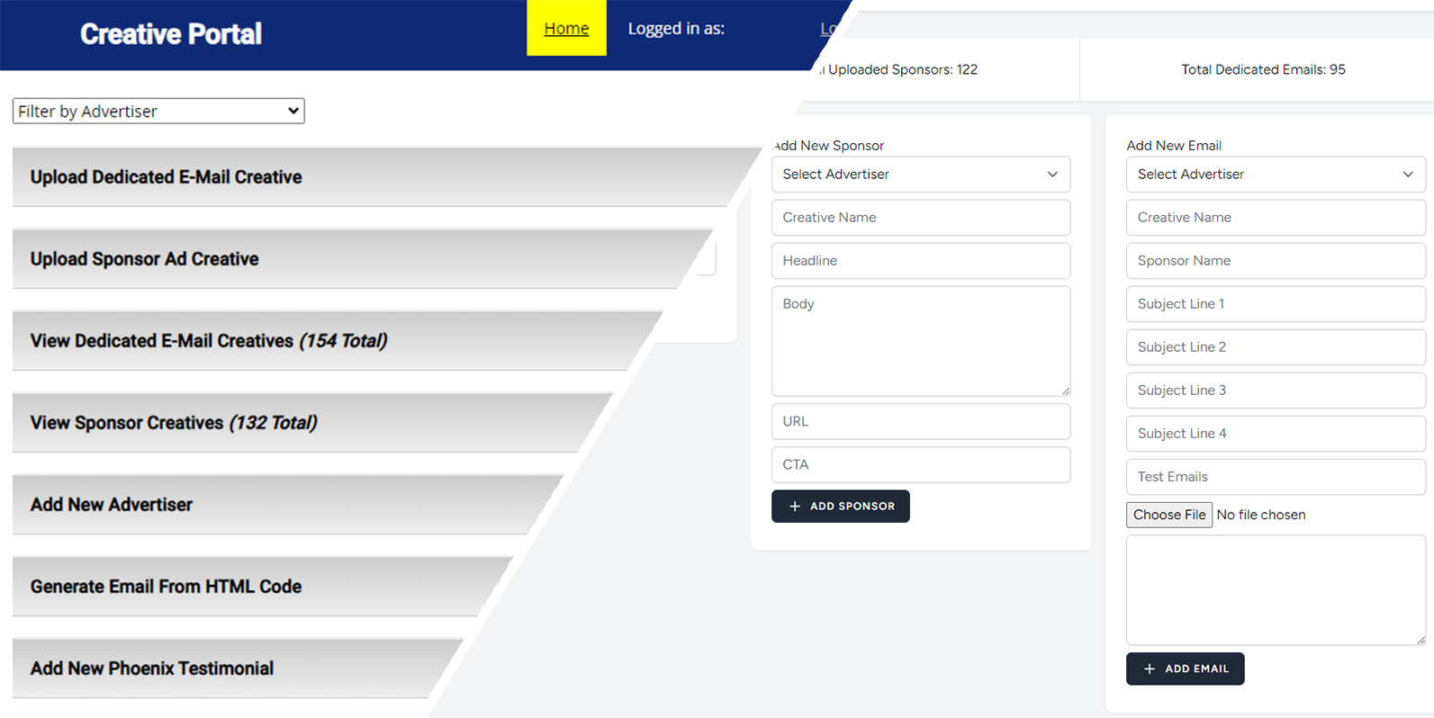 An image split in the middle, the left side showing the before and the right side showing the after of a creative portal redesign.